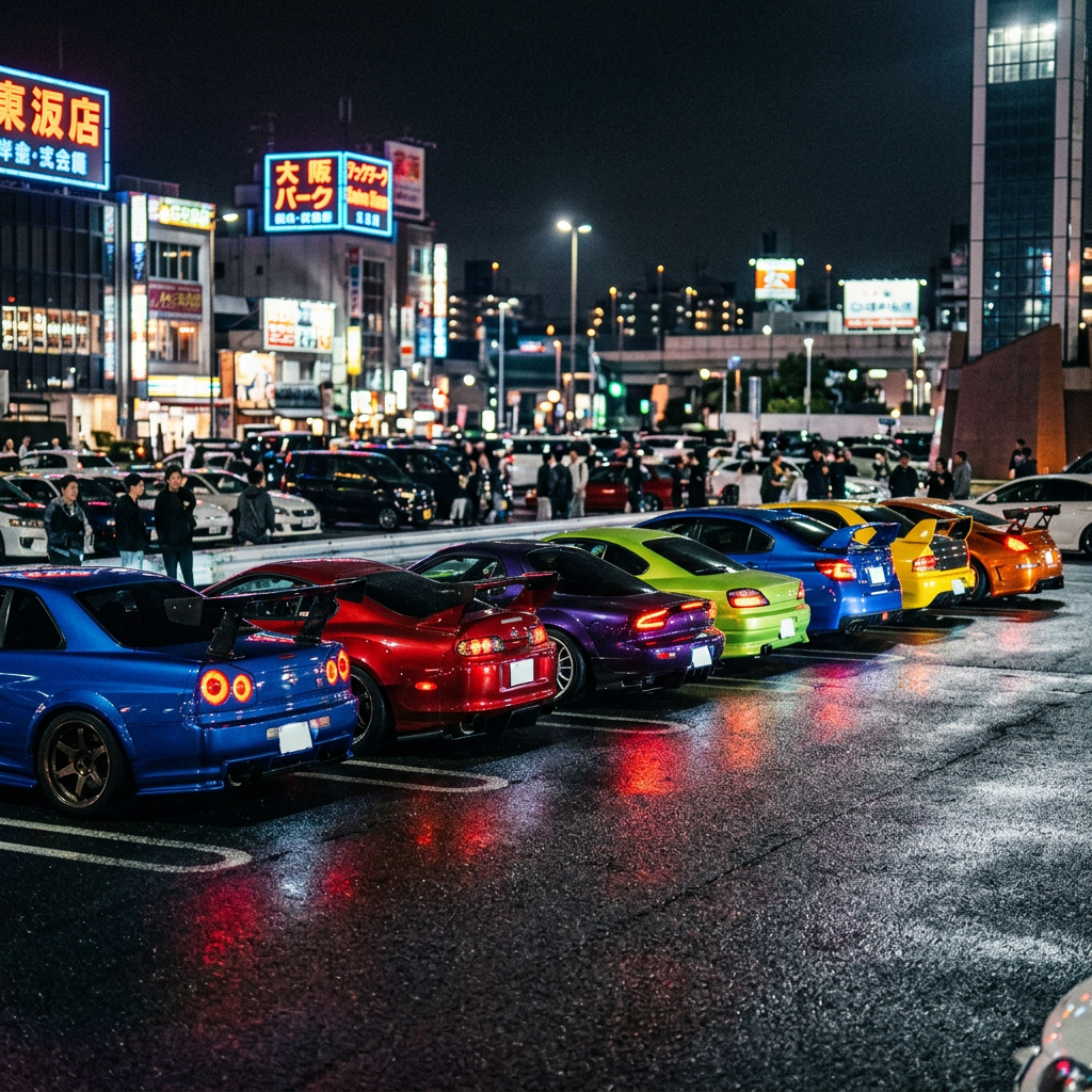 Custom JDM cars parked side by side at a night meet