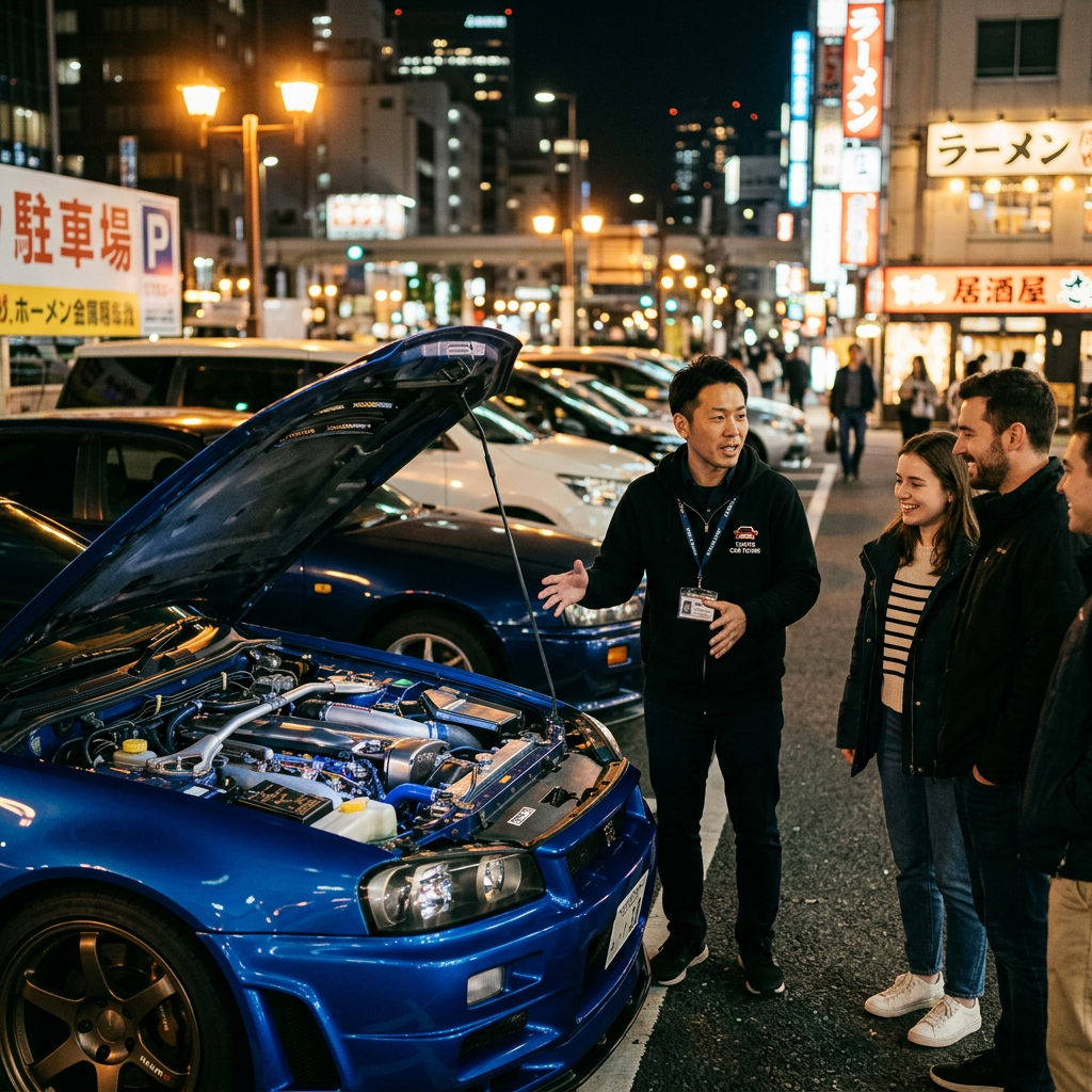 Guide explaining a sports car to guests