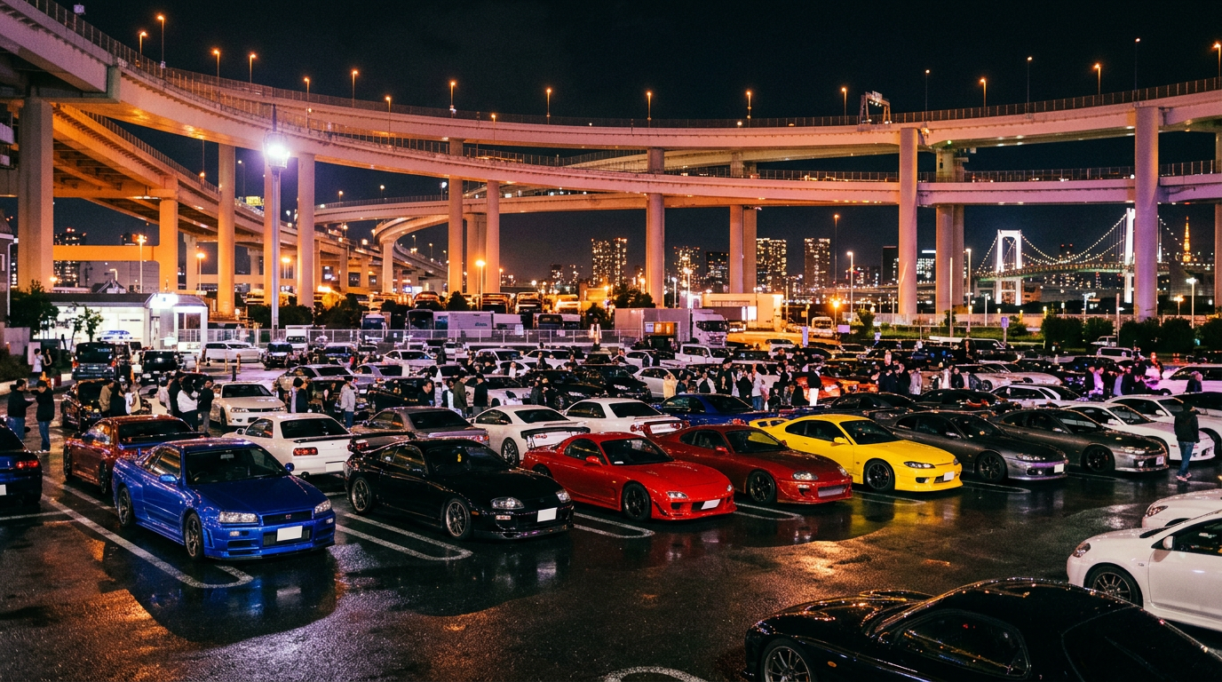 Tuned JDM sports cars gathered at Daikoku PA in Yokohama at night